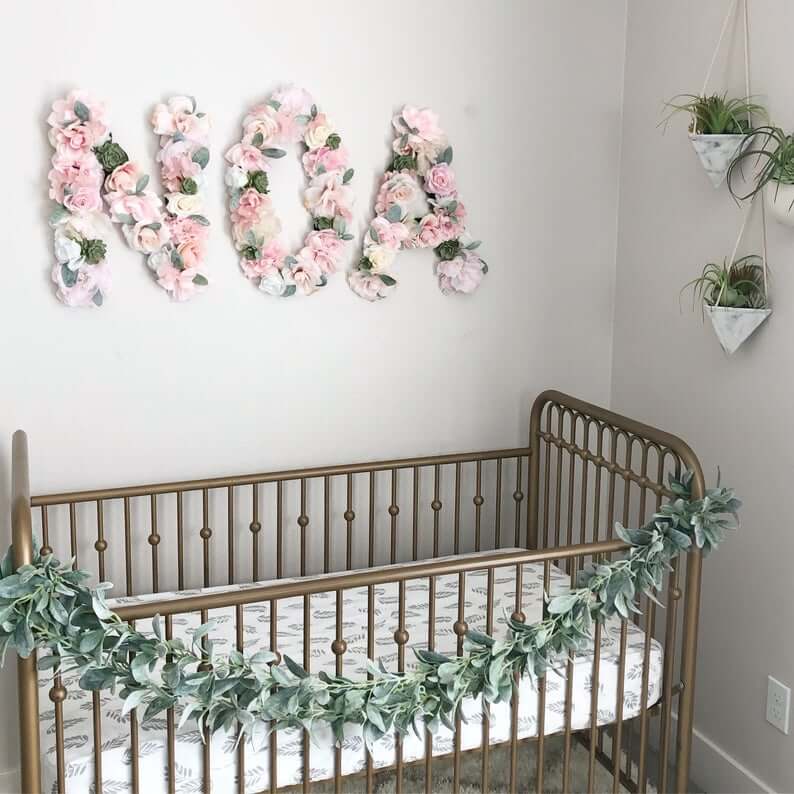 Eucalyptus and Pink Floral Name Wall Decor