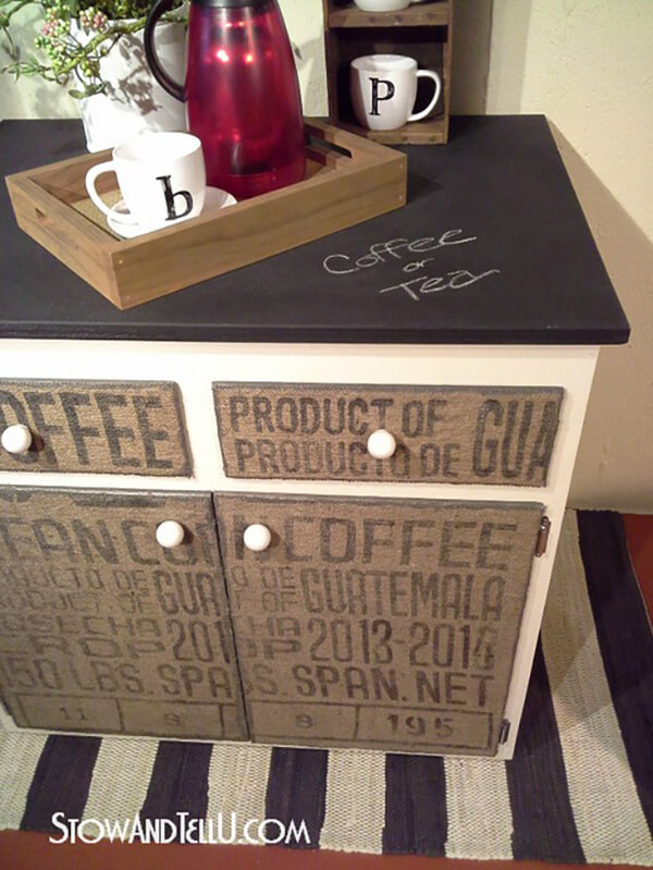 DIY Burlap Decoupage Coffee Cabinet