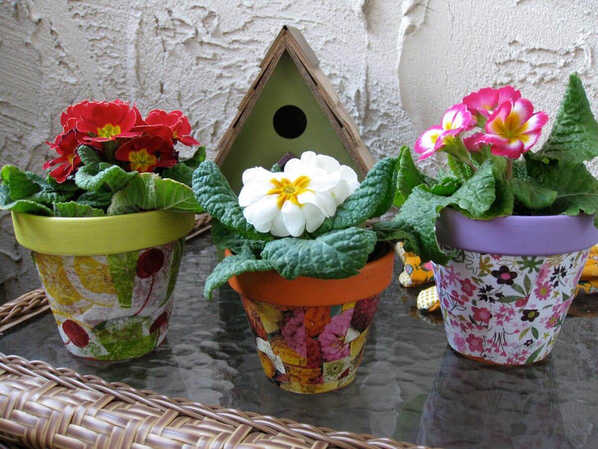 Brightly Colored Decoupage Flower Pots