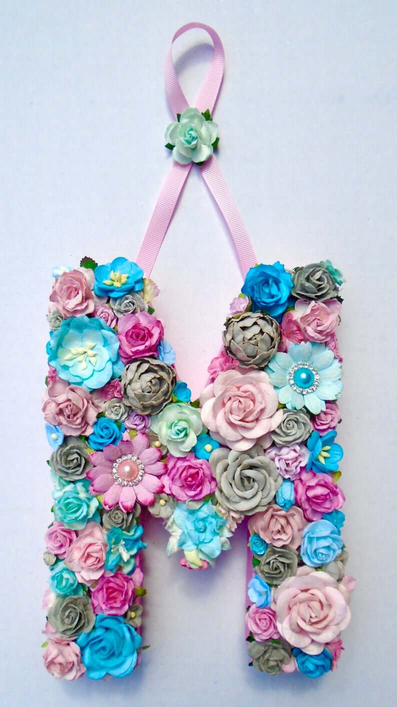 Full Floral Blue and Pink Letter Hung on Pretty Ribbon