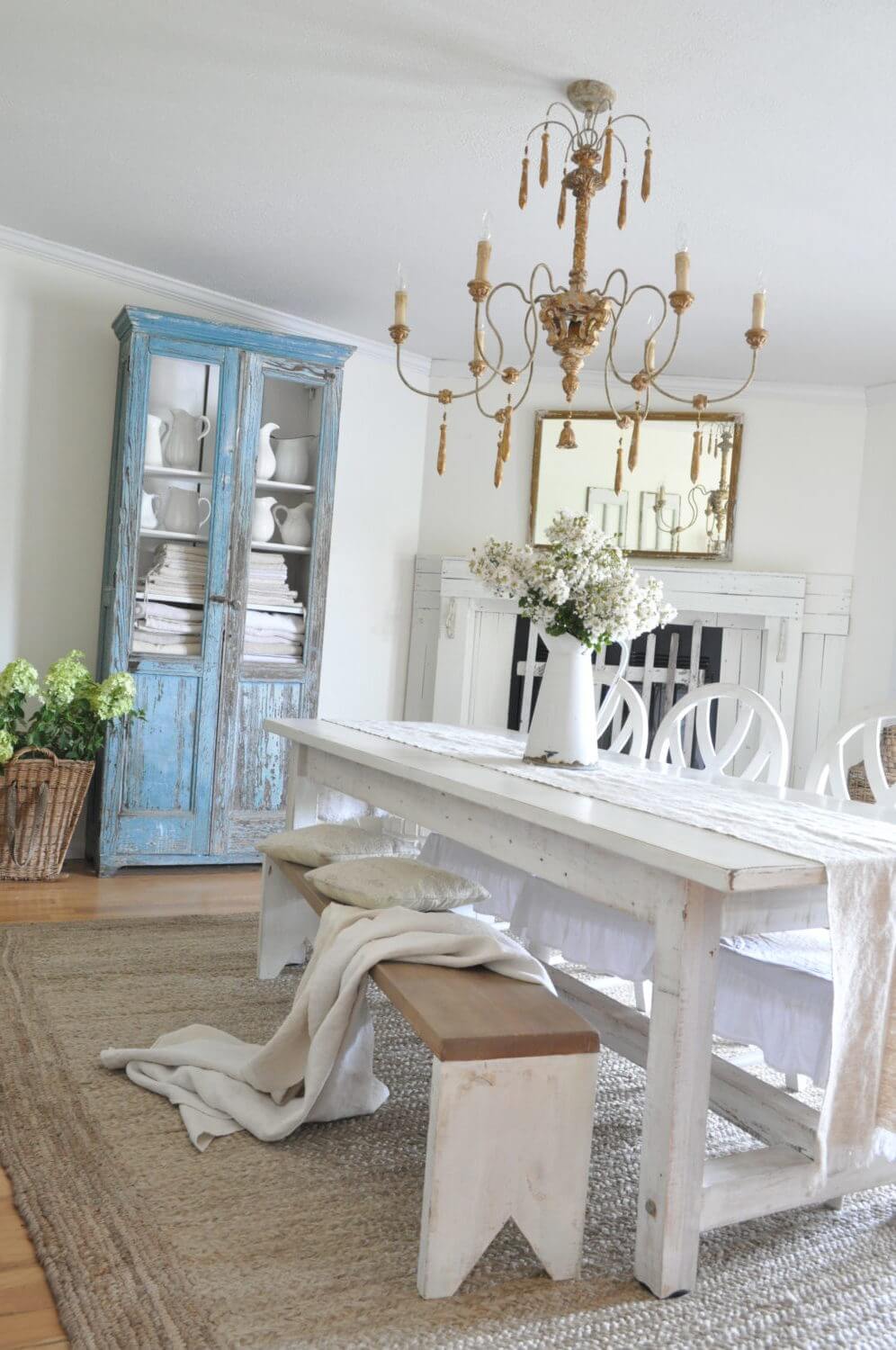 White Farmhouse Dining Table with Bench Seating