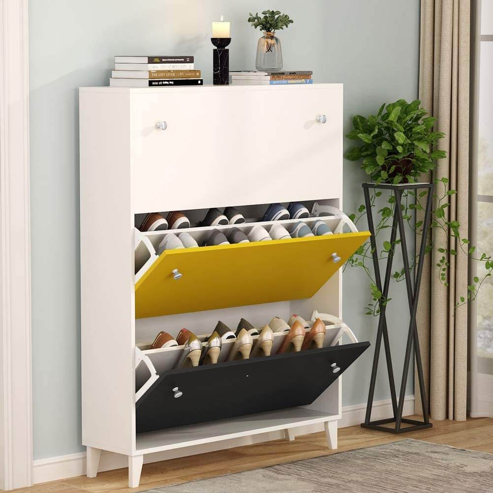 Slim White, Black, and Yellow Shoe Cabinet