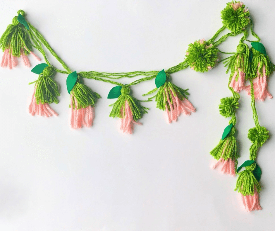 Soft and Simple Yarn Flower Garland in Green and Pink Perfection