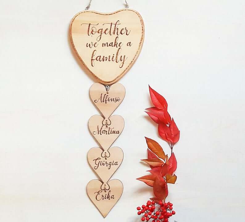 Wooden Cut Out Hearts with Family Members' Names Hanging Sign