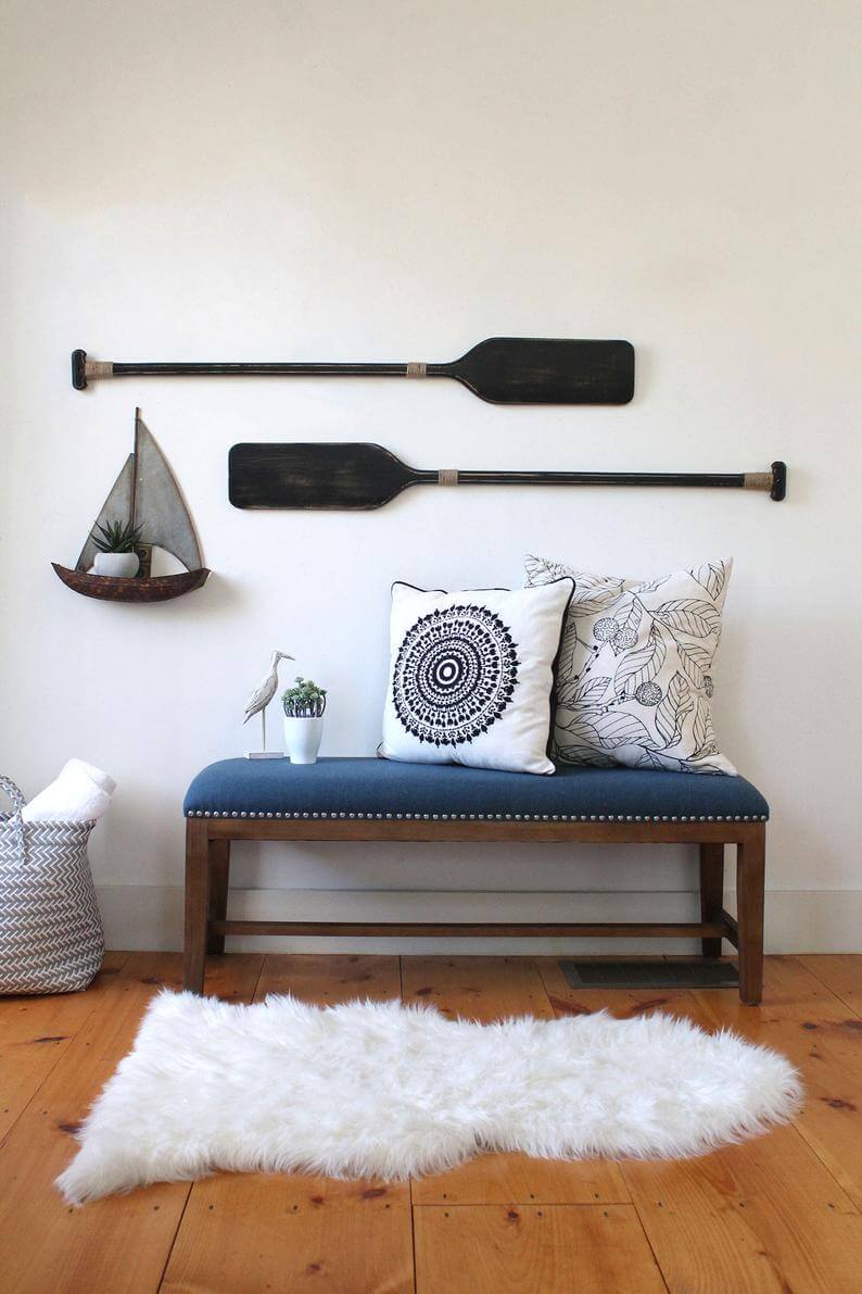 Metal Sailboat Plant Shelf and Beautiful Black Oars Lake House Decor