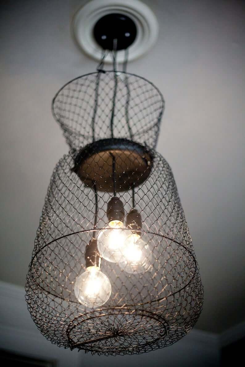 Black Metal Collapsible Lobster Cage Repurposed Pendant Light Fixture