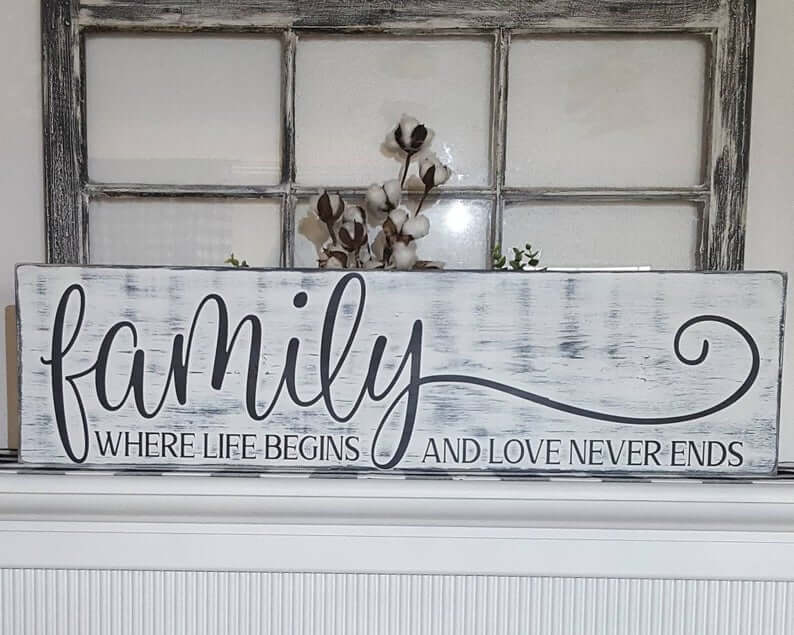 Oblong Distressed White Family Wooden Wall Sign