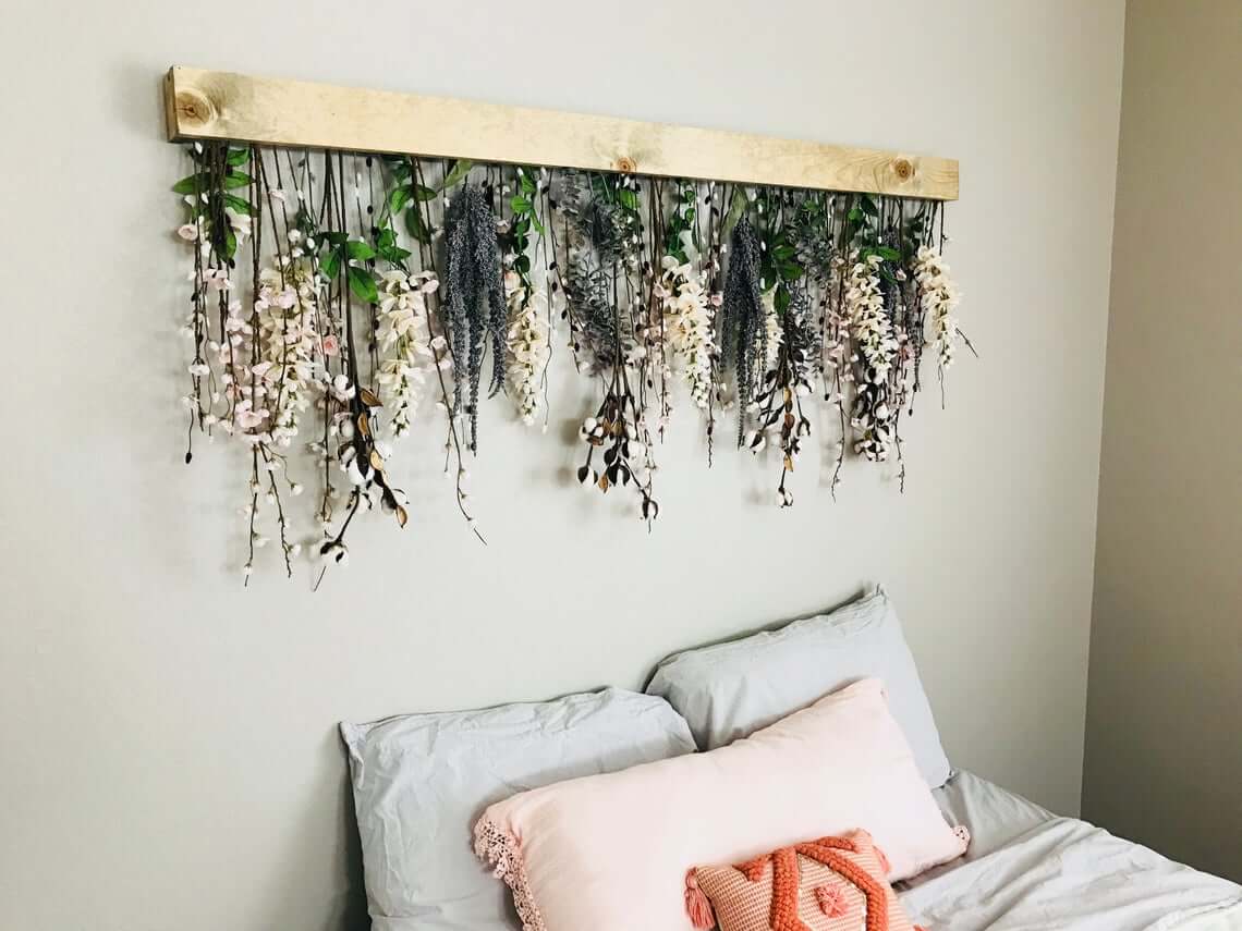 Natural Wood Slab with Cotton Blossoms and Wildflower Garden Floral Garland