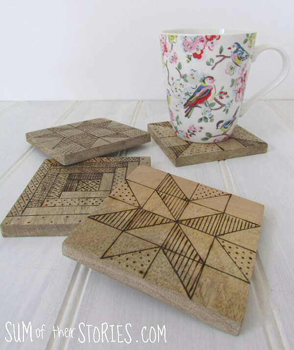 Quilt Block Wood Burned Coasters