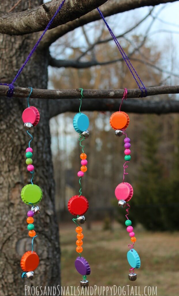 Bold and Bright Bottle Cap, Bell, and Bead Stick Wind Chime