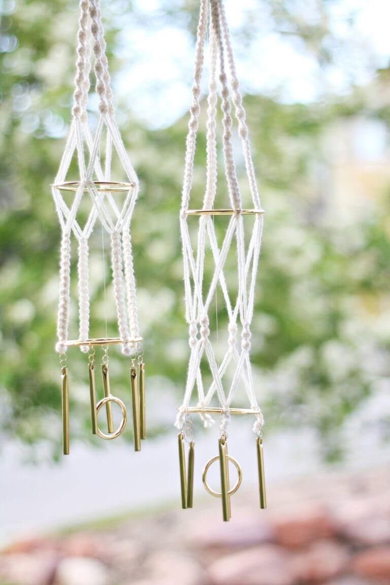Cool and Contemporary White and Gold Macramé Geometric Wind Chime