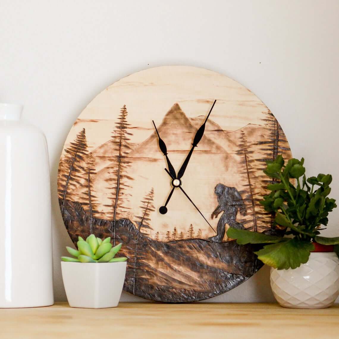 Wood Burned Wall Clock with Sasquatch