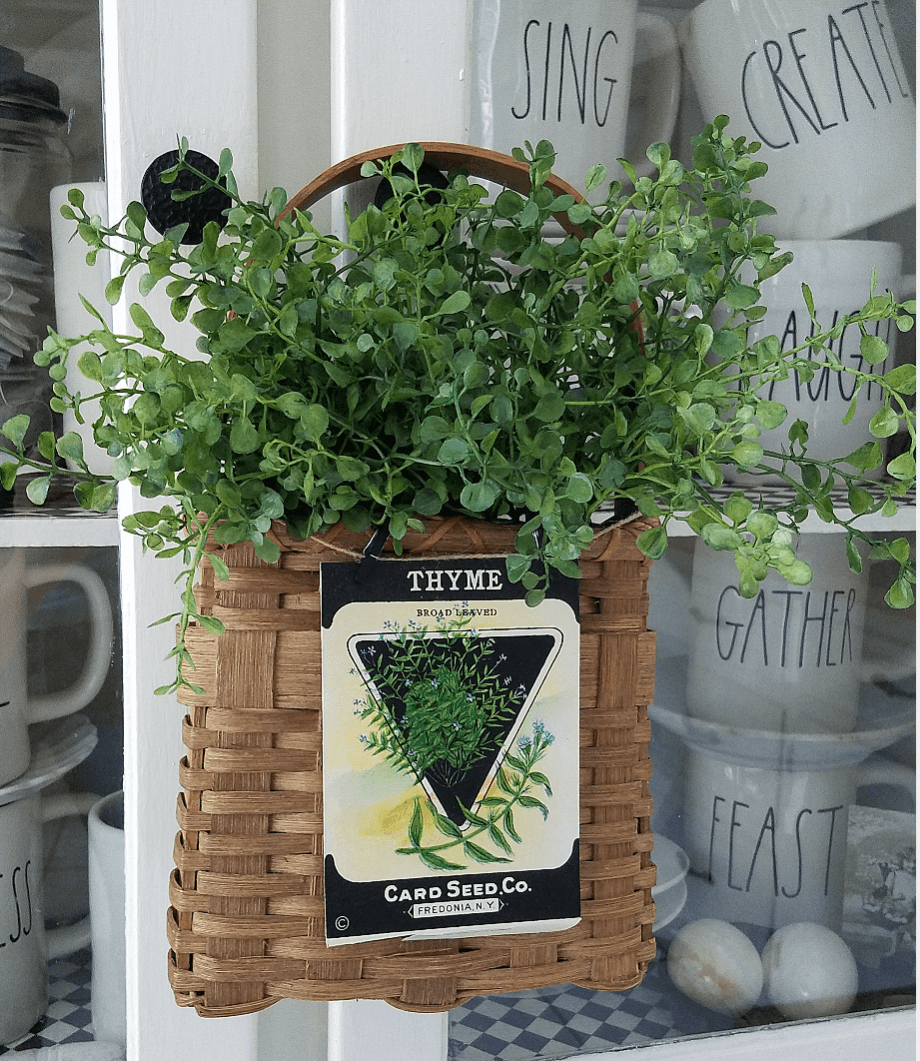 Basket with Greenery and Vintage Seed Packet