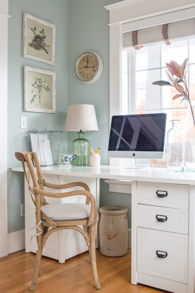 Classic White Farmhouse Office Style with Glass and Wire Decor