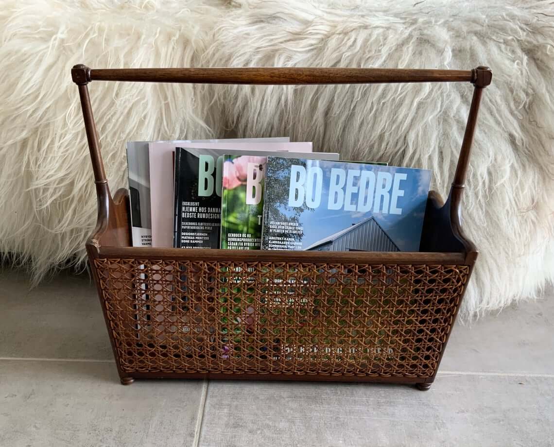 Teak and Rattan French Wicker Magazine Rack