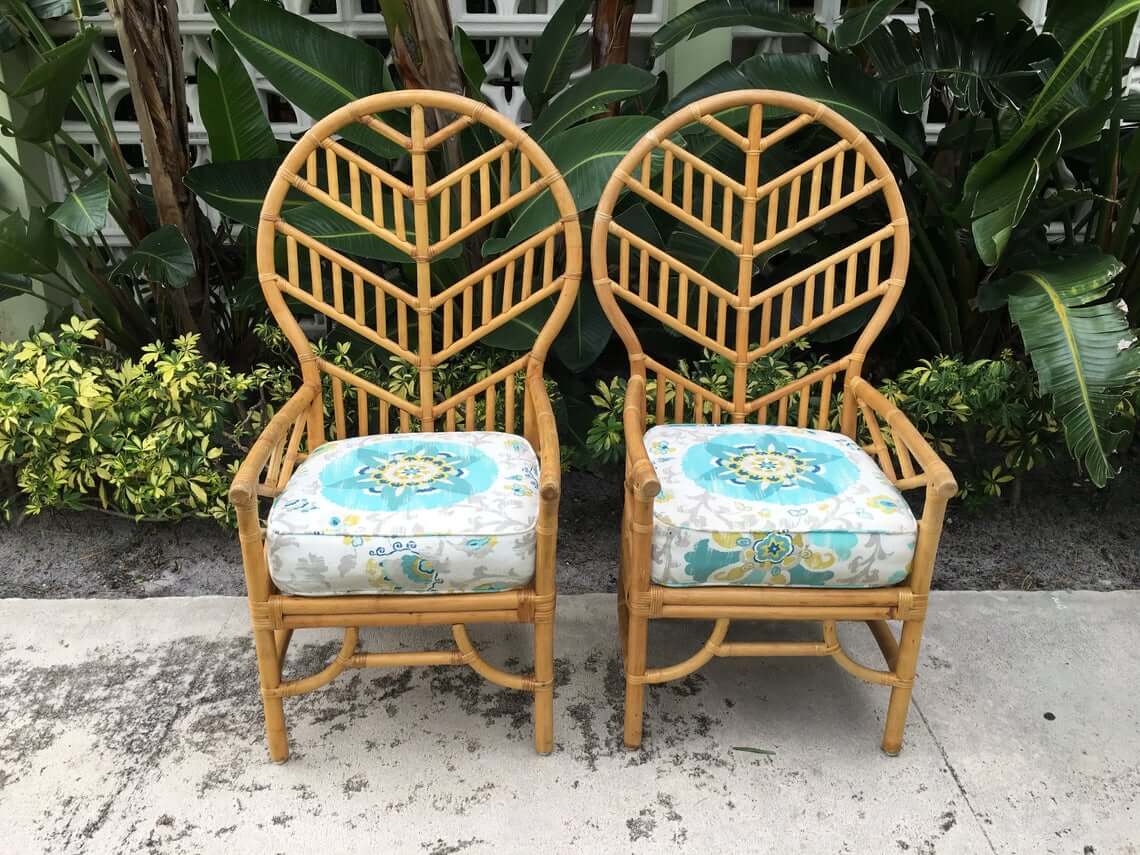 Oversized Rattan Chevron Pair of Armchairs