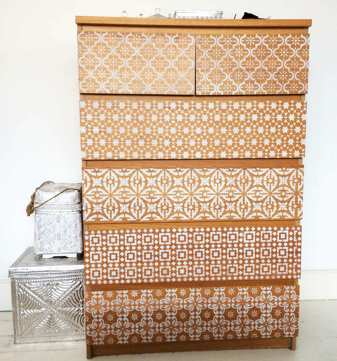 Natural Wood with White Intricate Stenciled Storage Closet