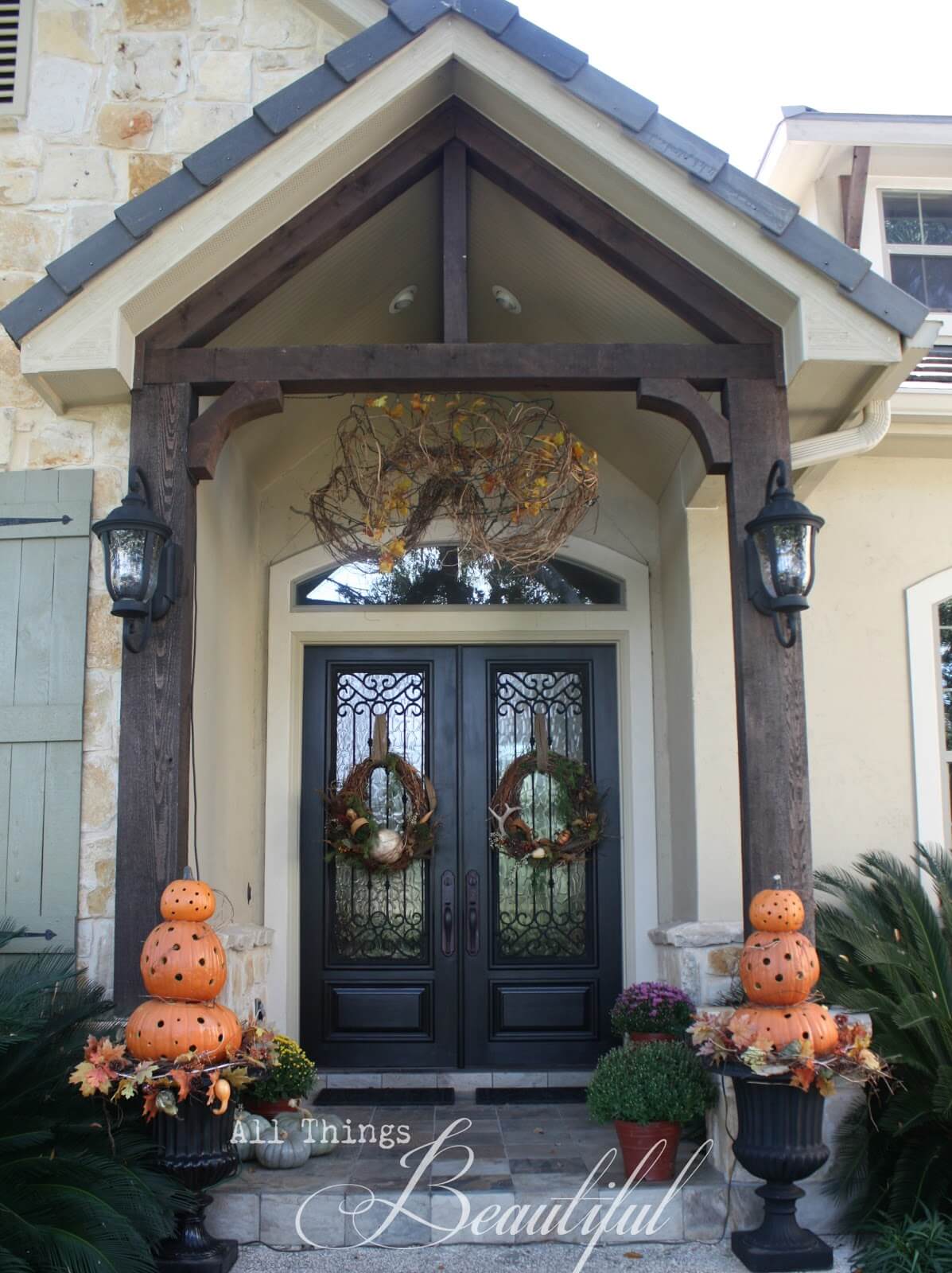 Orange Pumpkin Topiary Fall Entryway