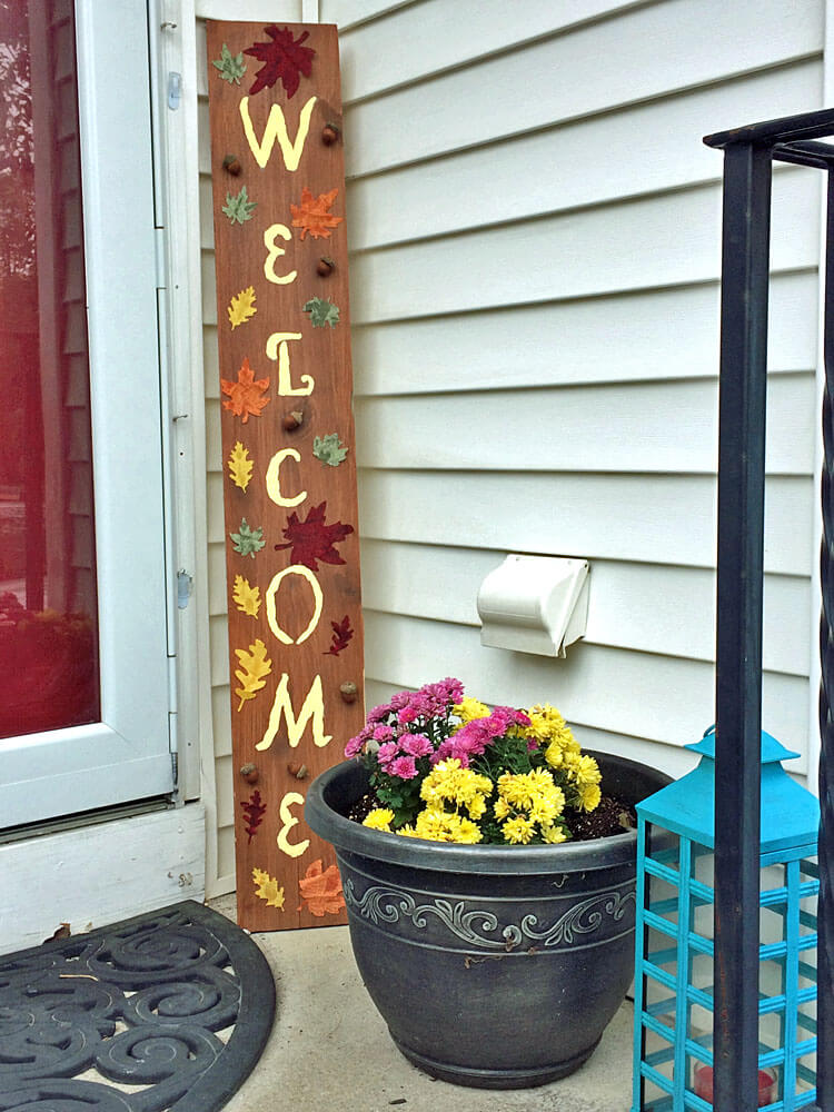 Hand-painted Welcome Sign with Fall Colored Leaves