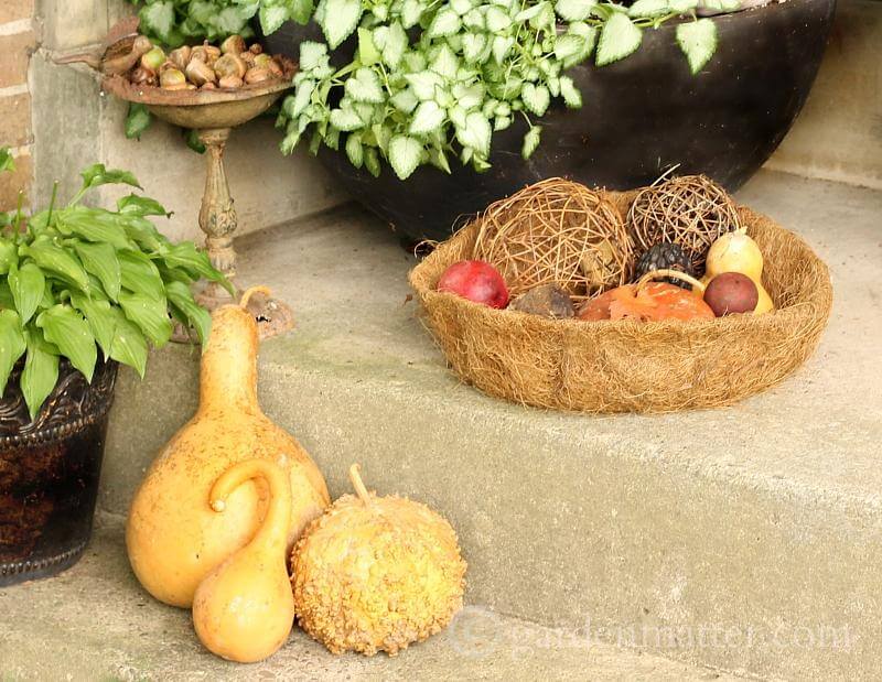 Rustikale Kürbisse und Stabkugeln als Herbstdekoration