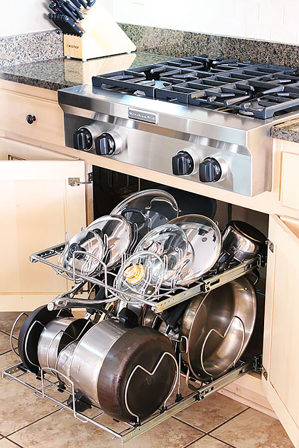 Pull-Out Pot Rack and Lid Organizer