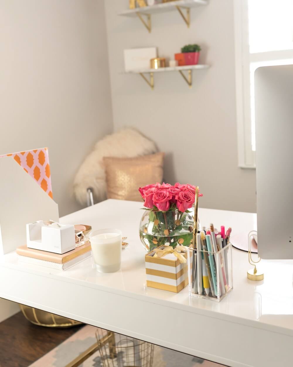 Modern Eclectic Desktop Storage and Fresh Flowers