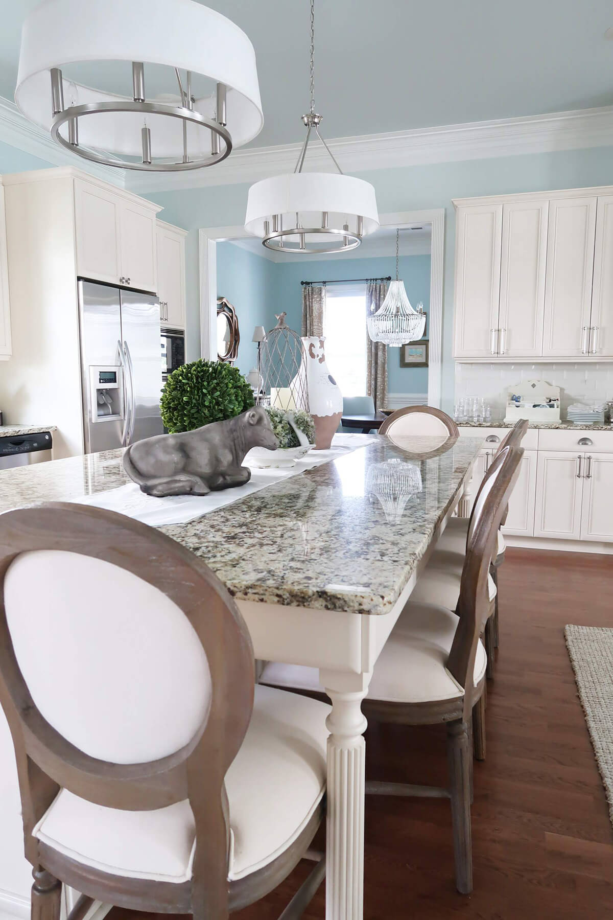 Creamy Blue Kitchen with Granite Top Table