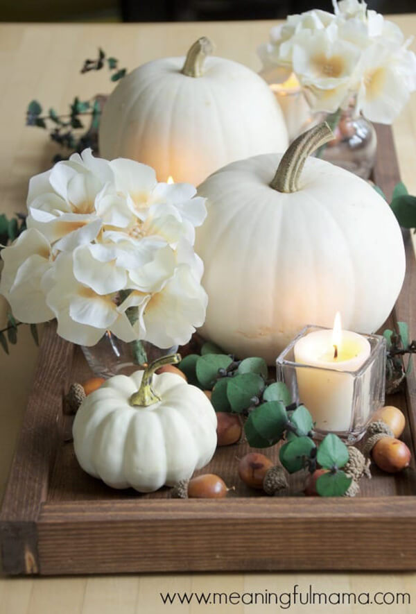 DIY Fall Centerpieces: Warm and Inviting Pumpkin Filled Decorative Tray, Eucalyptus Centerpiece