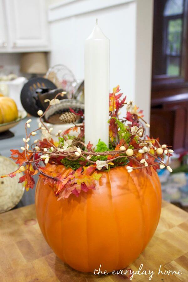 Fall Leaves and Candle Stuffed Pumpkin for Dining Room