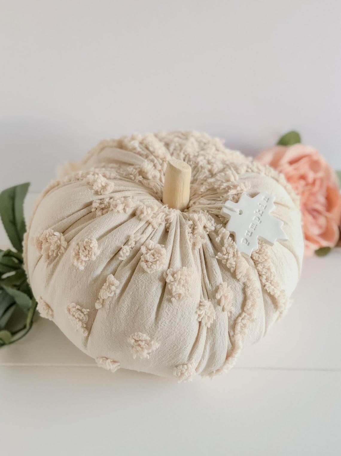 Creamy Chenille Fabric Covered Pumpkin Decoration