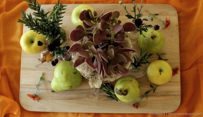 Fall Centerpieces: Cutting Board Full of Fruit and Flowers