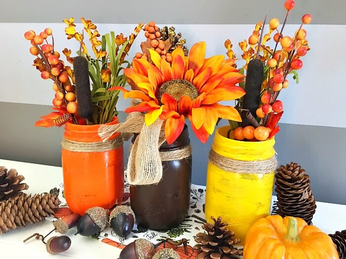 Fall Centerpieces: Painted and Twine Ribbon Wrapped Mason Jars
