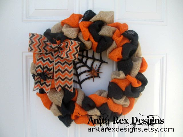 Black, Orange, and Tan Spider Halloween Wreath