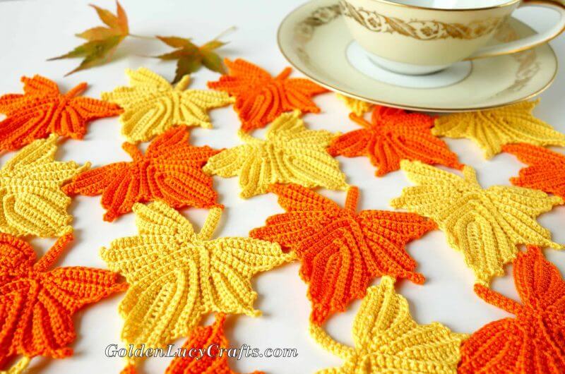 Yellow and Orange Crocheted Leaf Table Runner