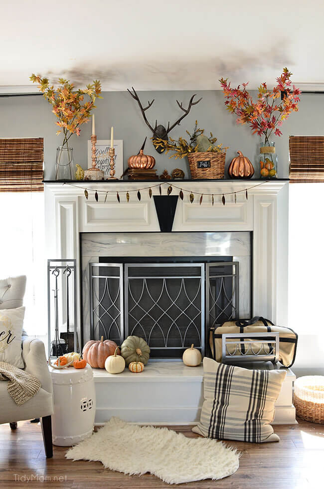 Copper, Antlers, and Leaves Fall Themed Mantel