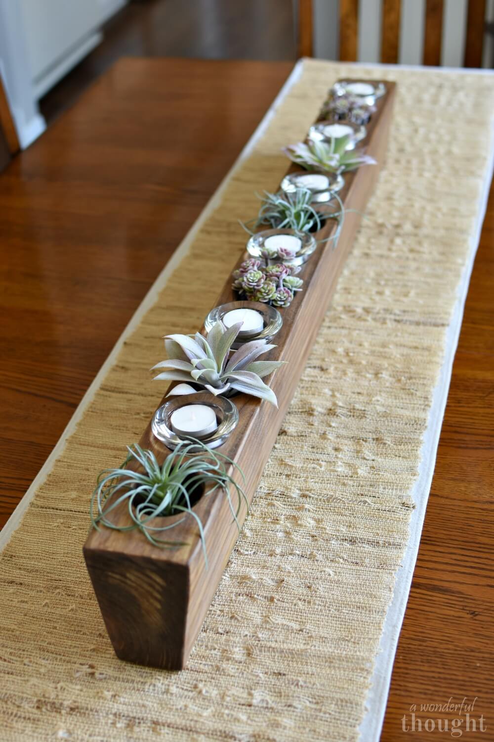 Slim Wooden Votive and Succulent Centerpiece