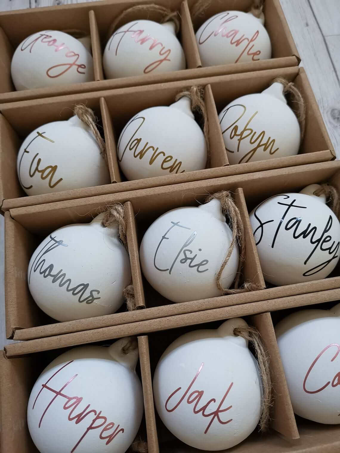 White Frosted Personalised Baubles With Jute Cording — Homebnc
