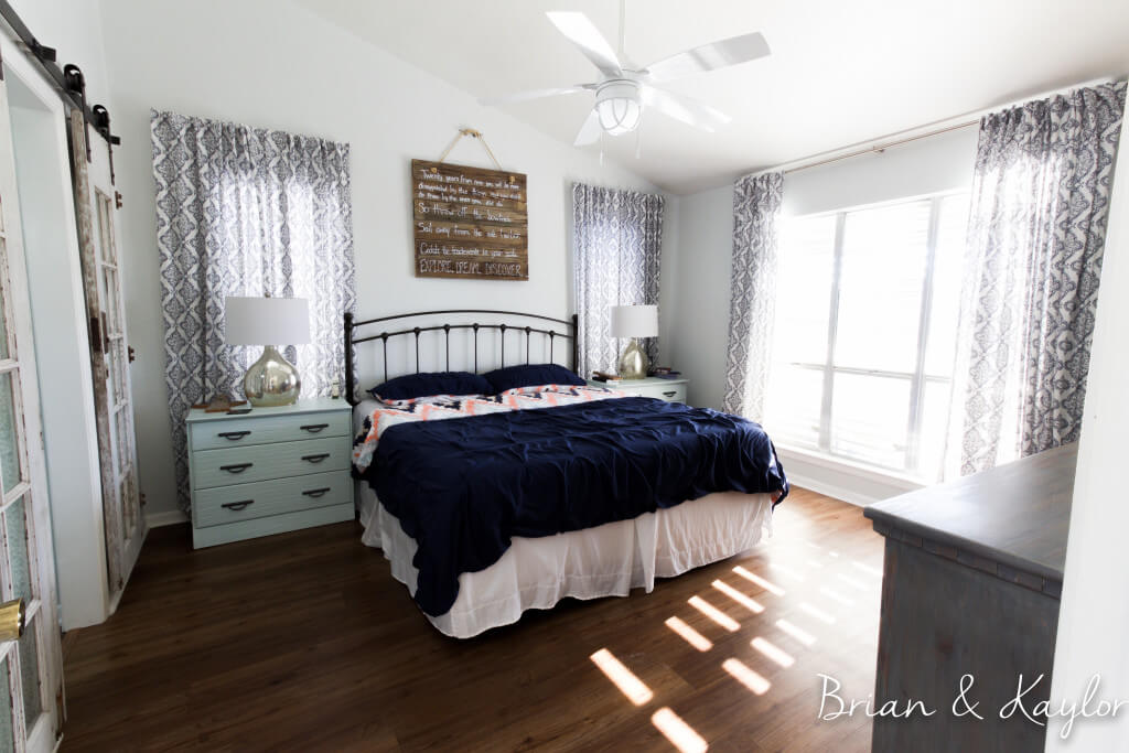 Navy, White, & Blush Master Bedroom Idea
