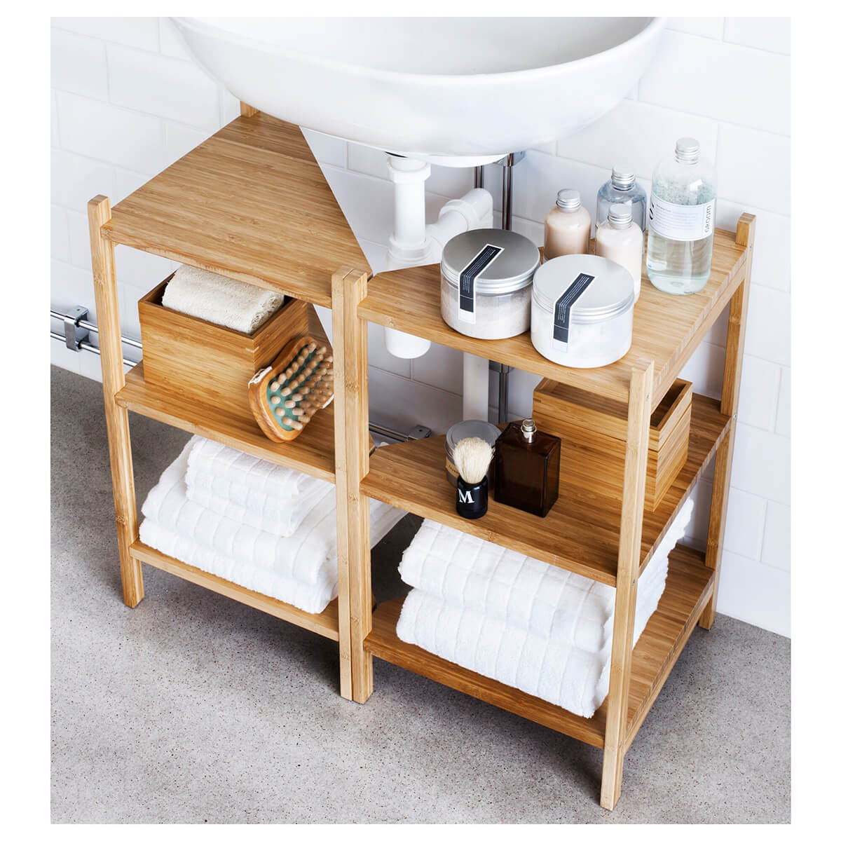 Under Sink Shelves with Pipe Cut