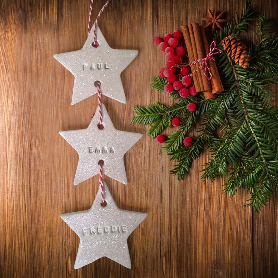 White Clay Stamped Strung Star Baubles