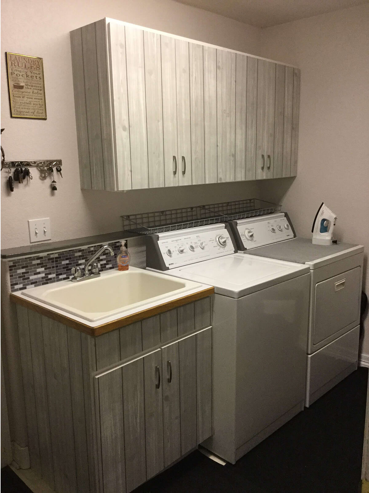 White Washed Grey Laundry Cabinets