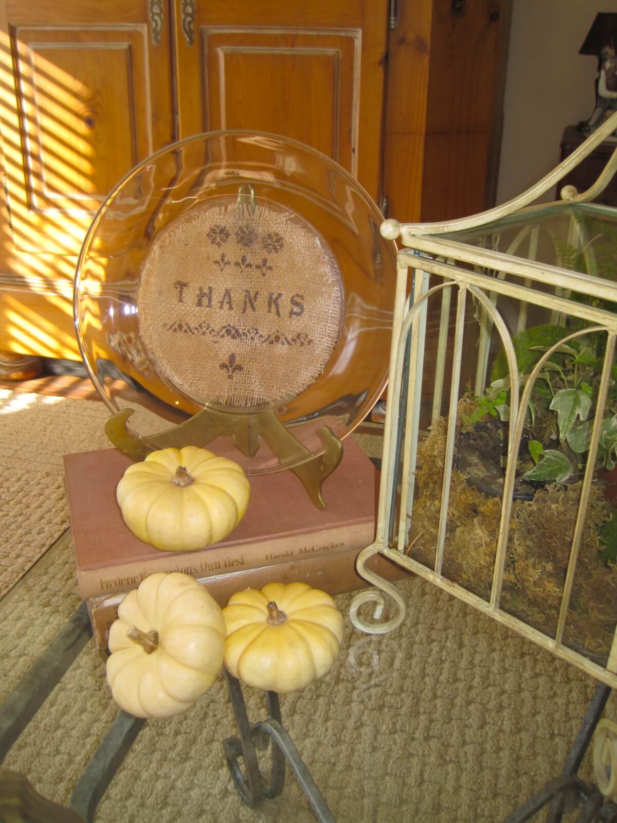 Stenciled Burlap Clear Plate of Thanks