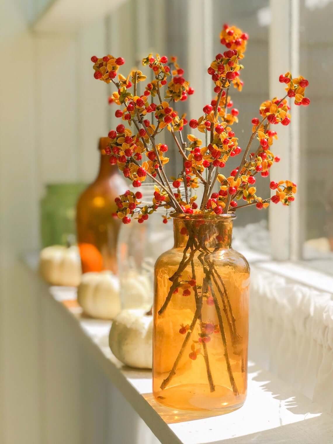 Amber Glass Vase of Fresh Picked Bittersweet