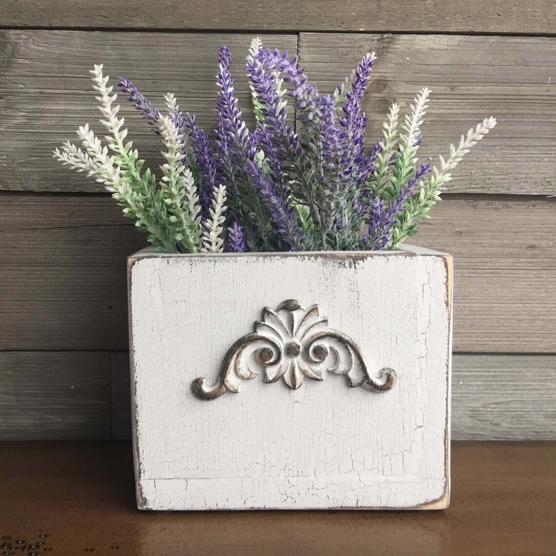 White Crackled Wooden Cube with Scroll Design