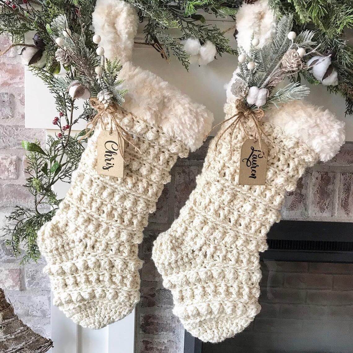 Rustic Crocheted Stockings with Greenery Included