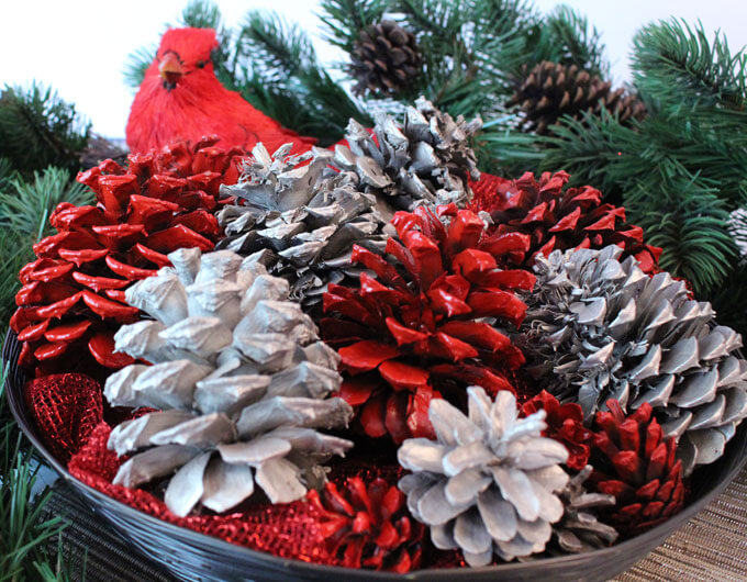 Decorative Multicolored Painted Pinecone Display