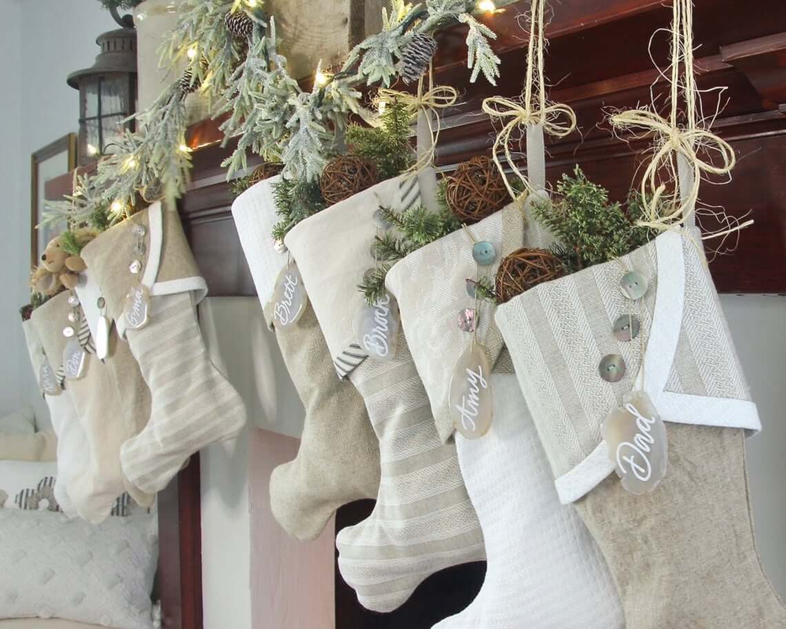 Coordinating Neutral Stockings with Shell Button Embellishments