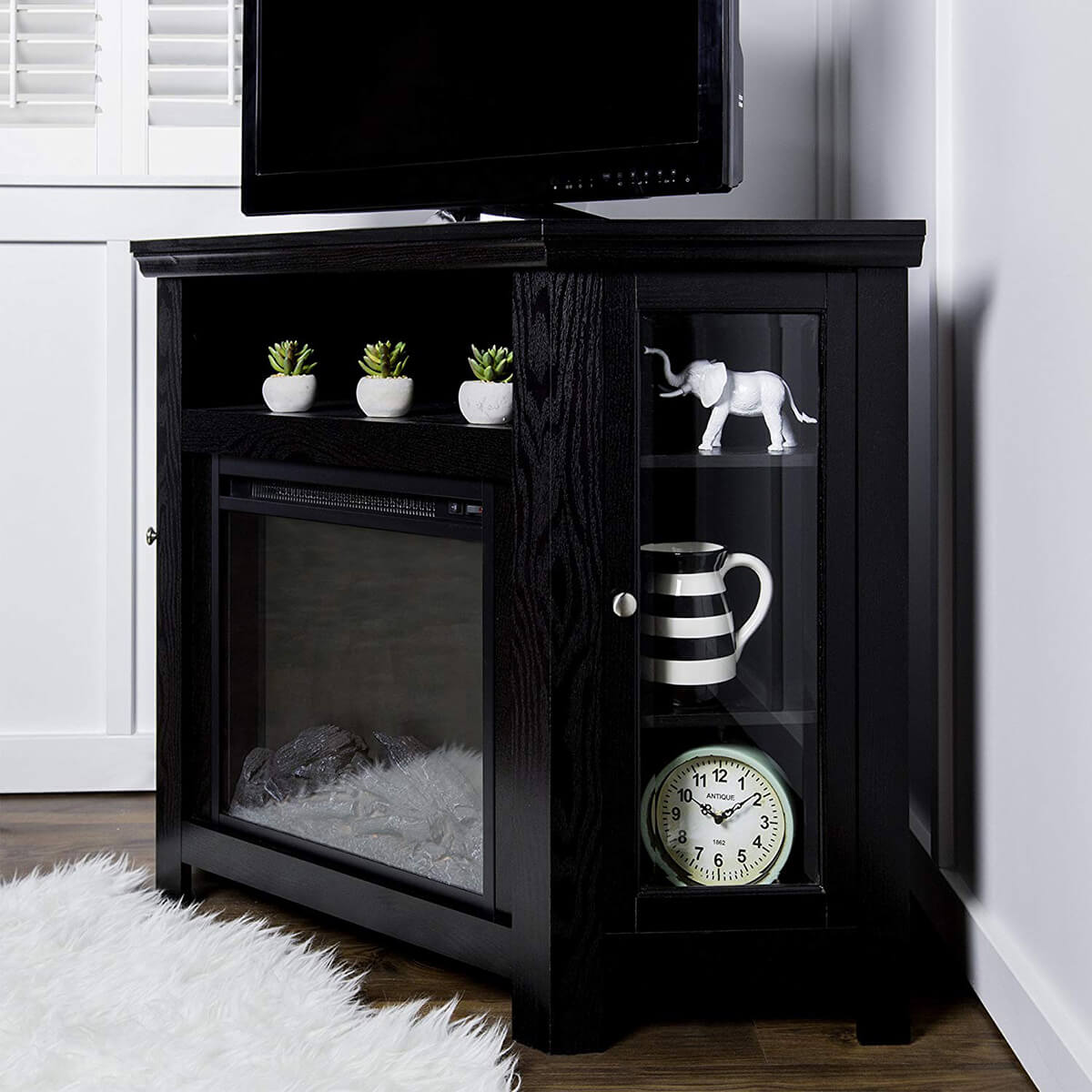 Corner TV Stand Fireplace Unit in Black