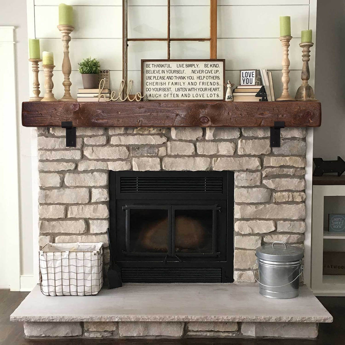 Unique Barn Beam Mantle with Black Metal Brackets