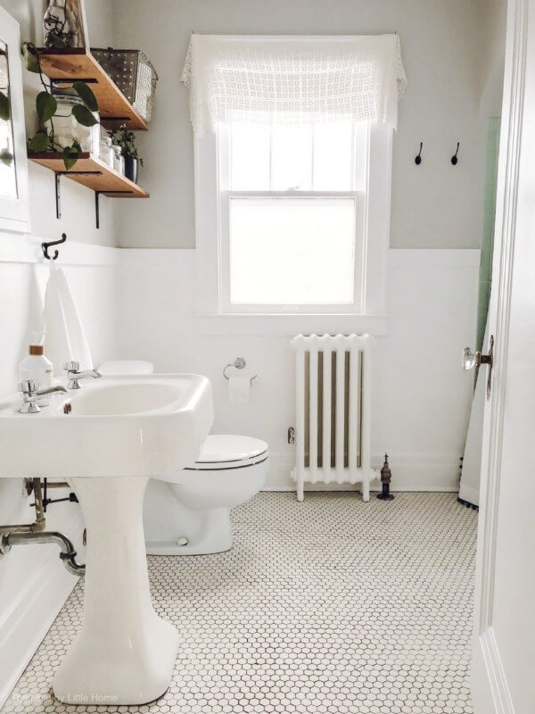 Exposed Piping and Open Shelving Bathroom Update